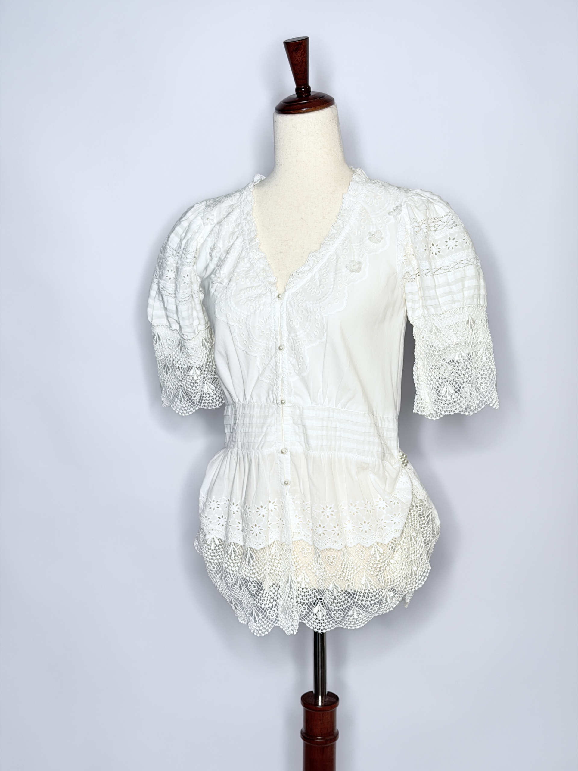 Upcycled white eyelet cotton blouse