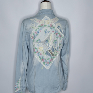 Upcycled jean shirt with bird applique