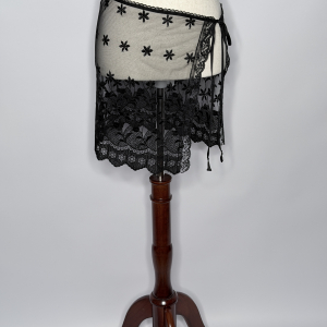Upcycled black embroidered mesh micro wrap skirt