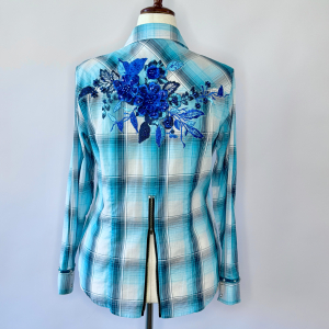 Upcycled turquoise plaid shirt with zipper